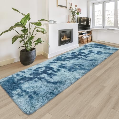 Super Soft Fluffy Living Room Area Rug 2x8 ft Tie-Dyed Light Blue Shaggy Furry Carpet Washable Non-Slip Floor Rugs Bedroom Bedside Nursery Rug Fuzzy Girls Boy Dorm Home Decor Aesthetic - color: Tie-dyed Blue, size: 2' x 8' (Runner)