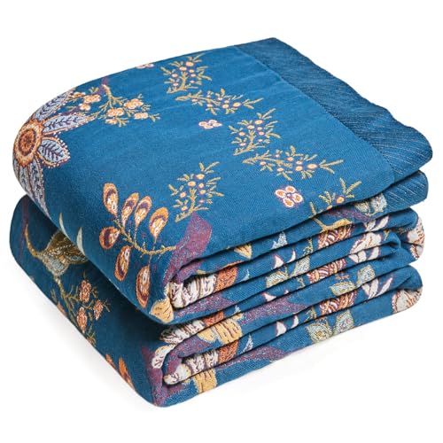 Boho Throw Blanket - 100% Cotton Ultra Soft Muslin Summer Blanket, 50"x60" Lightweight Floral Butterfly Framhouse Bedding Blanket for Bed, All Season Blue Bohemian Bedroom Home Decor Quilt - color: Secret Garden, size: (50"x60")Throw