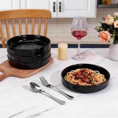 LIANYU 8.25’’ Pasta Bowls Set of 4, 33oz Large Wide Shallow Dinner Plates | Stoneware Salad Plate, Ceramic Serving Bowl Sets for Soup, Cereal, Fruit, Microwave & Dishwasher Safe, Obsidian Matte Black - color: Matte Black