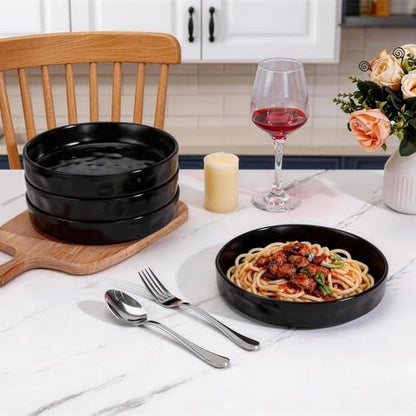 LIANYU 8.25’’ Pasta Bowls Set of 4, 33oz Large Wide Shallow Dinner Plates | Stoneware Salad Plate, Ceramic Serving Bowl Sets for Soup, Cereal, Fruit, Microwave & Dishwasher Safe, Obsidian Matte Black - color: Matte Black