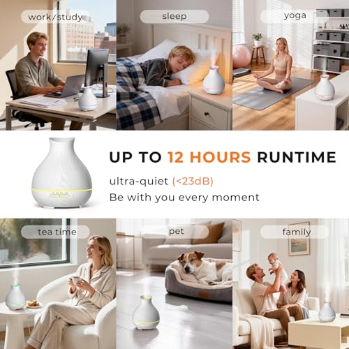 Aromatherapy Essential Oil Diffuser 550ml 12 Hours White Wood Grain Aroma Diffuser with Timer for Large Room, Home, Baby Bedroom, Waterless Auto Shut-Off, 7 Colors Lights Changing - color: White