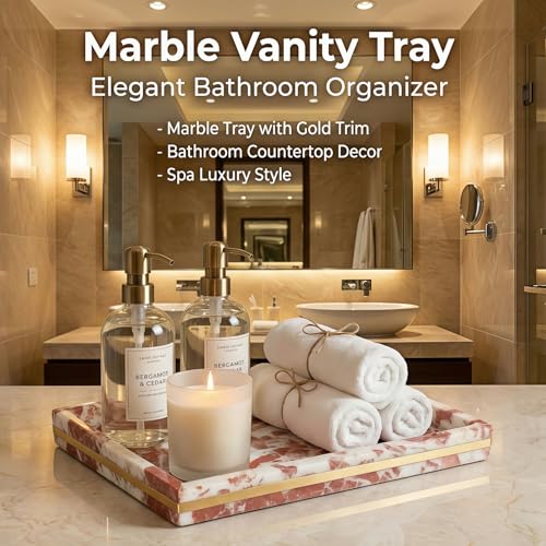 Red Marble Tray 12" x 8", Gold Edge Stone Vanity Organizer | Genuine Red Marble, Gold-Toned Edge, 12 x 8 Inch, for Perfume and Jewelry, on Bathroom Vanity and Dresser - color: Red