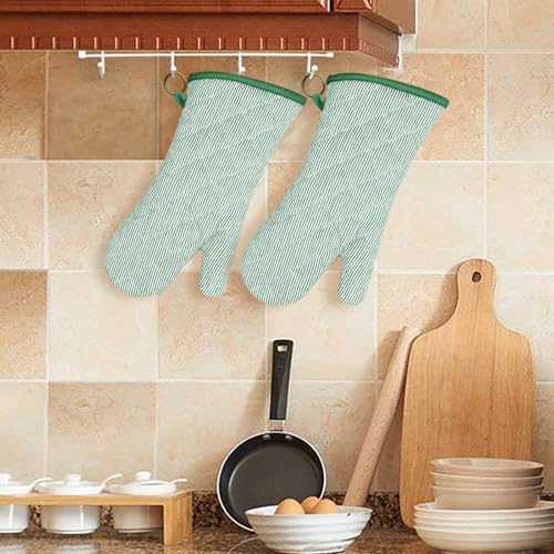 Yarn Dyed Oven Mitts 1 Pair, 100% Cotton Heat Resistant 470 Degree | Oven Gloves for Men Women Cooking Baking Barbecue BBQ Microwave Crafting Machine Washable Pot Holders Mittens (Green 2) - color: Green