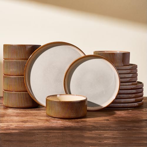 Ceramic Plates & Bowls Sets for 6, Handmade Reactive Glaze | Cream Brown, 18-Piece Stoneware Dinnerware, Everyday Use, Microwave & Dishwasher Safe, Chip & Scratch Resistant Ribbed Dishes - color: Cream Brown, size: Service for 6 (18pc)