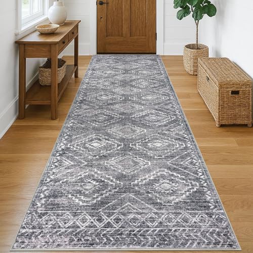 KILOCOCO Hallway Runner 3x10 ft Washable Runner Rug Non Slip, Grey | Low-Pile Runners for Hallway, Rubber Backed Runner Rug, Printed Kitchen Runner Rug, Soft Geometric Rugs for Hall Living Room - color: Grey, size: 3' x 10' (Runner)