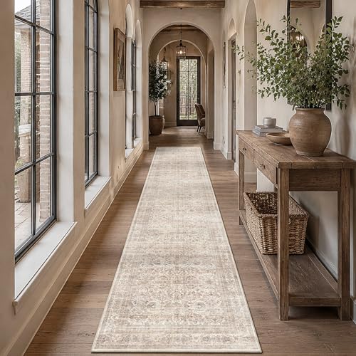 Schweek 2x10 Beige Washable Kitchen Runner Rug Long Runners for Hallway | Vintage Neutral Distressed Floral Rugs, Low Pile Soft Stain Resistant, Indoor Carpet for Bedroom, Laundry Room, Living Room - color: Beige, size: 2' x 10' (Runner)