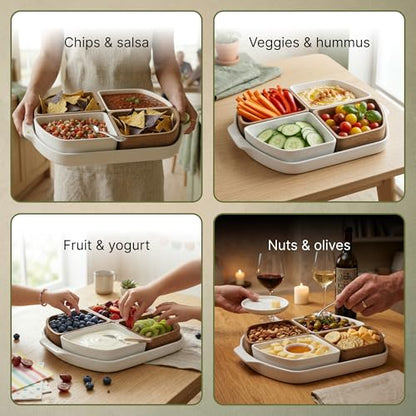 Chip and Dip Serving Set - Ceramic Wooden Serving Platter with 4 Seperable Compartments - Divided Serving Tray for Tacos, Appetizers, Veggies - Sectional Relish Tray for Parties