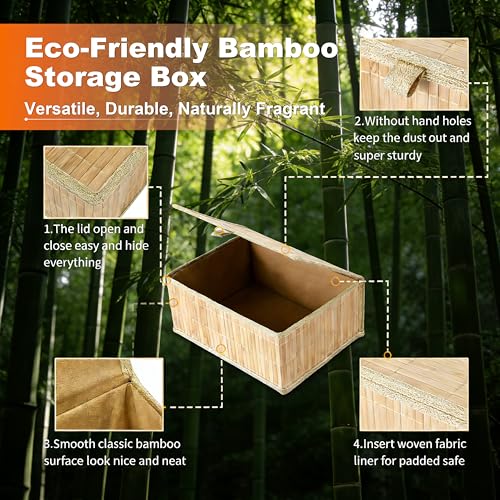 3 Pack Bamboo Decorative Shelf Basket,Woven Storage Boxes with Lined，Nesting Lidded Box with Lids for Toys,Cosmetics,Office,sundries,Closet,natural & eco-friendly bamboo storage organizers