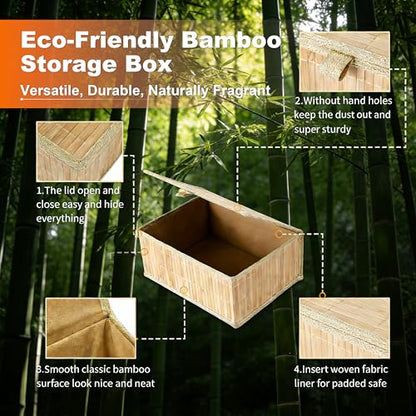 3 Pack Bamboo Decorative Shelf Basket,Woven Storage Boxes with Lined，Nesting Lidded Box with Lids for Toys,Cosmetics,Office,sundries,Closet,natural & eco-friendly bamboo storage organizers
