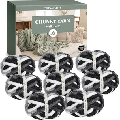 Jumbo Chunky Yarn for Hand Knitting - Super Thick Chenille Chunky Yarn for Crocheting - Extra Soft Bulky Fluffy Blanket Big Yarns 8 Jumbo Pack (27yds,8 oz Each Skein) - color: Graphite Snow