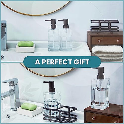 Square Glass Clear Lotion and Soap Pump Dispenser Set with Metal Stand Caddy for Bathroom Bath Kitchen Home Office Travel Hotel Hand Crafted Heavy Weight Oil Rubbed Bronze - color: Oil Rubbed Bronze