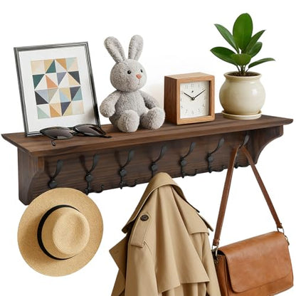 33" Coat Rack with Shelf Wall Mount, Pre-Assembled Solid Wood Coat Hooks with Shelf, Wall Coat Hanger with 7 Metal Triple-Hooks for Hanging Hat,Key,Clothes,Towel, for Entryway,Bedroom,Bathroom,Charred - color: Charred