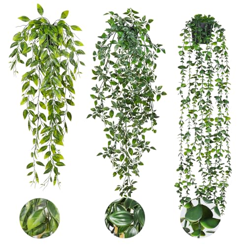 RECUTMS 3 Packs Artificial Trailing Plants with Pot Small Fake Hanging Ivy | Durable and Realistic,Potted Greenery,Shelf Vine,3.5*3.1in Pot,Diy Filler Decorations,Real Touch,Outdoor Wedding Party Decor - color: 3p Hanging Plants