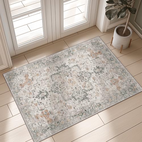 GENIMO 2x3 Washable Entryway Rug Non Slip Indoor Door Mat Taupe | Vintage Floral Small Throw Rugs, Stain Resistant, Low Pile and Lightweight for Kitchen, Bathroom and Bedroom - color: Taupe, size: 2' x 3' (Rectangular)