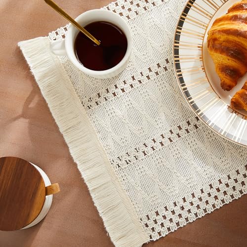 Macrame Style Boho Placemats Set of 6, Ivory 12x20 Inch | Decorative Farmhouse Table Mats, Natural Cotton Woven Place Mats, Bohemian Home Decor for Kitchen Dining Table - color: Ivory, size: Set of 6