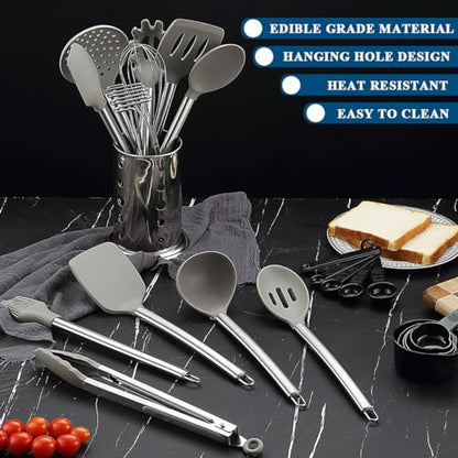 Kitchen Utensils Set, Kyraton 38 Pieces Non-Stick Silicone Cooking Utensils Set, Spoon Spatula Set with Sturdy Stainless Steel Utensil Holder, Dishwasher Safe - color: 2. With Utensil Rack
