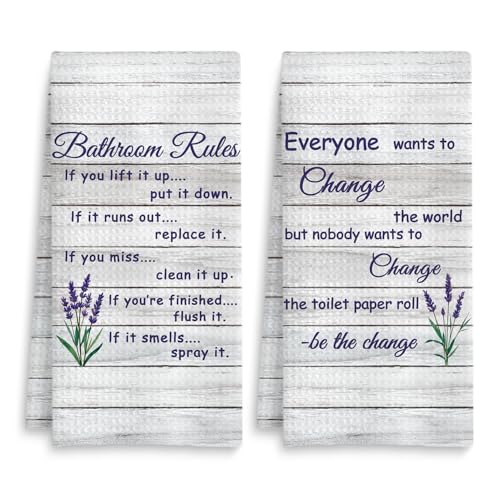 Funny Bathroom Rules Decorative Hand Towels Set of 2, Rustic Farmhouse Hand Towels for Bathroom Decor, 16x24 Inch(Lavender Style) - color: Lavender Style