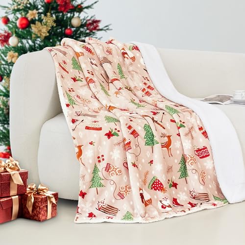 Elegant Comfort Reversible and Ultra-Plush Flannel Fleece-Winter Christmas Sherpa Throw- Lightweight Soft and Cozy-Holiday Decorative Throw, Perfect for Lounging, 50 x 60 inches, Skate and Deers - color: Skate and Deers, size: 50 X 60