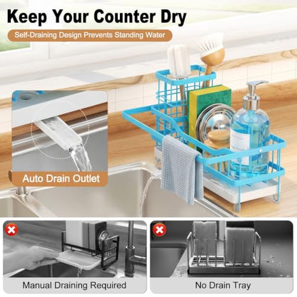 Sponge Holder for Kitchen Sink, Self-draining Sink Caddy with Towel Rack and Brush Holder, Metal Kitchen Countertop Organizers and Storage Essentials, Blue - color: Blue