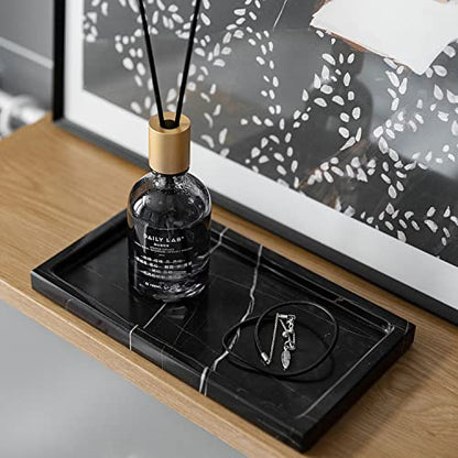 JIMEI Marble Bathroom Vanity Tray Dresser Makeup Storage Organizer 9 inch | Black Real Marble, Natural Stone, Hand-made polished, Multi-purpose tray holds guest towels and napkins, countertop organizer
