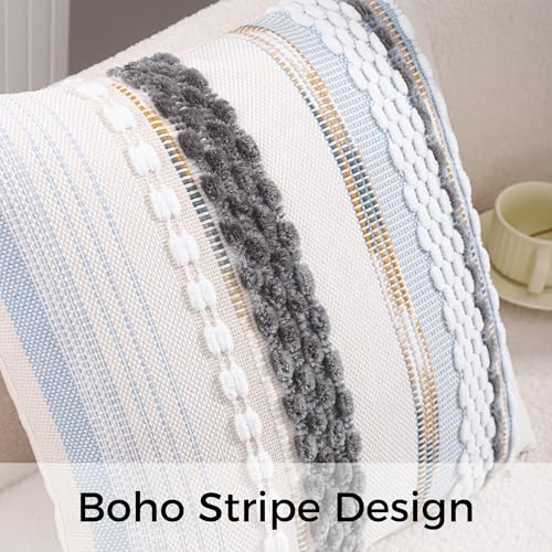 Boho Throw Pillow Covers 18x18 Set of 2 Grey Blue White | Durable Fabric,Stripe Pillow Covers,Farmhouse Cushion Case,Chenille Pillow Cases,Neutral Pillowcase for Sofa Couch Bed - color: Grey Blue White Stripe, size: 18" x 18" (Pack of 2)