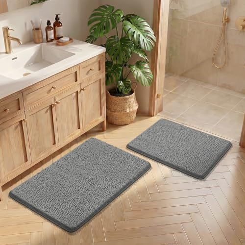 Bcoimo Bath Rug Mat Sets, 2 Piece Extra Soft Chenille Gray Bathroom Mat Set | Non Slip with Rubber BackingBathroom Rug set; Machine Washable;Extra Soft Bath Rug;High Absorbent、Quick Drying Microfiber mat - color: Grey, size: 30×20 Plus 24×17