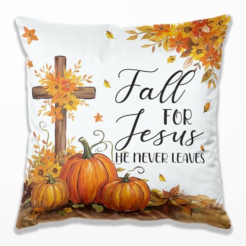 Christian Fall Pillow Covers 18x18, Farmhouse Autumn Decor, Fall for Jesus He Never Leaves Autumn Maple Leaf Pumpkin Decorative Throw Pillow Covers for Home Bedroom Living Room - color: 03 Color