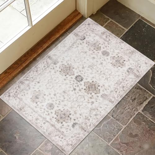 Machine Washable Area Rug - Living Room Bedroom Bathroom Kitchen Entryway Office - Padded Crease Free Stain Resistant Premium - Boho Farmhouse Vintage- BEV- Beige - 2'x 3' - color: Bev - Beige Tan Brown, size: 2' x 3' (Rectangular)