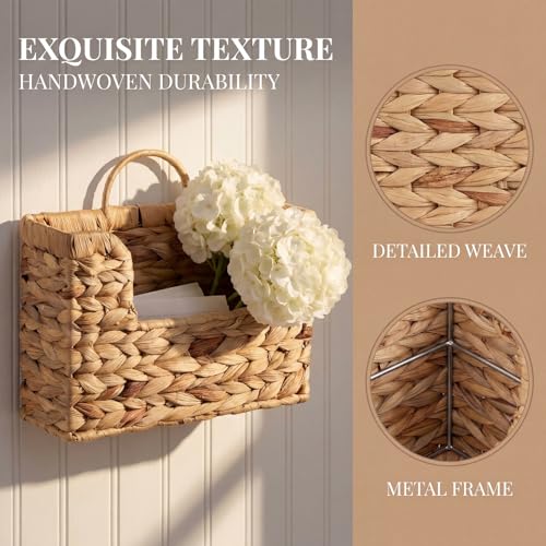 Handwoven Water Hyacinth Wall Basket Storage with Non-Trace Nails - Decorative Hanging Magazine File Holder & Mail Organizer for Wall or Desk - Damage-Free Wicker Book Basket for Office & Home