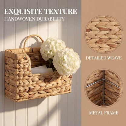Handwoven Water Hyacinth Wall Basket Storage with Non-Trace Nails - Decorative Hanging Magazine File Holder & Mail Organizer for Wall or Desk - Damage-Free Wicker Book Basket for Office & Home