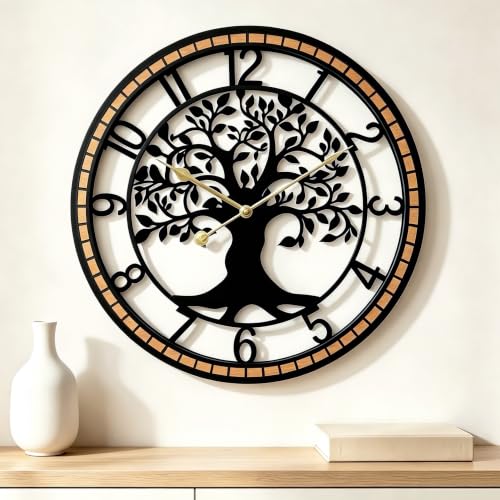 Large Wall Clock for Living Room Decor 22 Inch Tree of Life Metal Wall Art, Non-Ticking Battery Operated Metal Black with Solid Wood Frame for Office/Bedroom/Kitchen/Dining Room Decoration - size: B 22 Inch