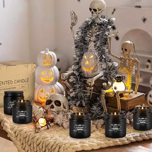 WPONSZU 12 Pcs Halloween Scented Candles with Added Natural Essential Oils, 3.05oz, Suitable for Various Festivals, Parties, Yoga, and Home Scene(Black) - color: Black