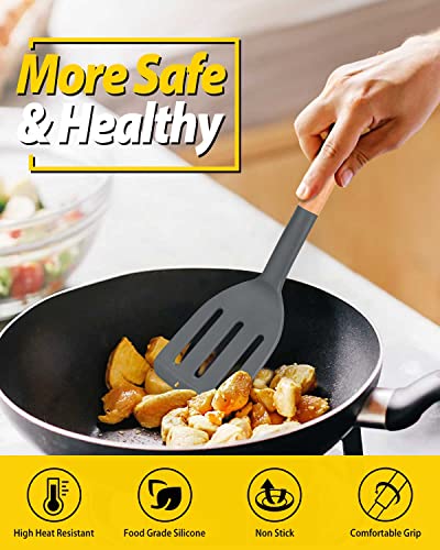 Pack of 2 Silicone Cooking Spatula, Heat Resistant Solid Turner, Non Stick Slotted Spatulas with Wooden Short Handle,Ideal Wood Kitchen Utensils Set for Frying, Baking, Flipping, Turning - color: Dark Gray