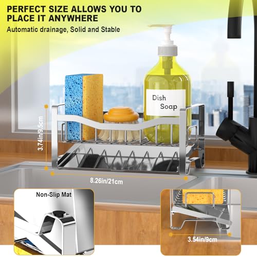Stainless Steel Kitchen Sink Caddy Organizer with Auto Drain Tray, Sponge Holder for Countertop Storage Silver - color: Silver