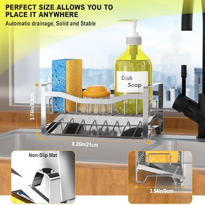 Stainless Steel Kitchen Sink Caddy Organizer with Auto Drain Tray, Sponge Holder for Countertop Storage Silver - color: Silver