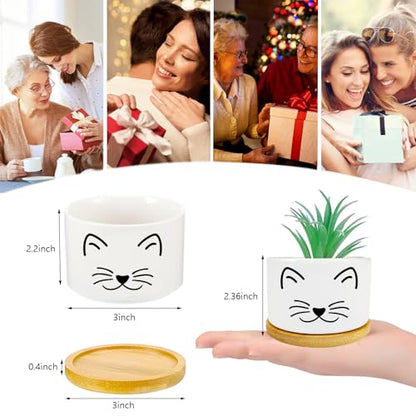 Cat Succulent Pots for Window Garden Cat Gifts for Women 3 Inch | Small Planters with Drainage and Bamboo Tray,Decor for Office Home,Windowsill,Cat Gifts for Women Mom (No Plants Included) - style: Cat Black