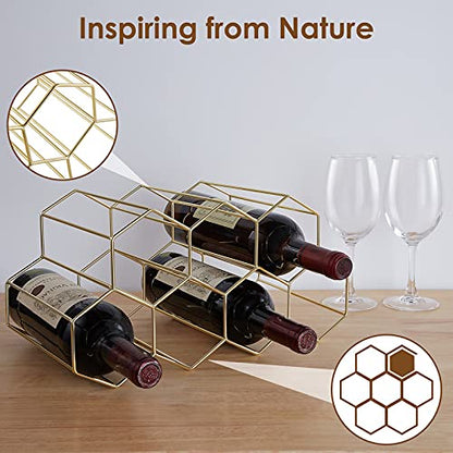 FOMANSH Countertop Wine Storage - Freestanding 7 Bottle Metal Holder with Modern Design for Kitchen or Wine Cellar - color: Gold