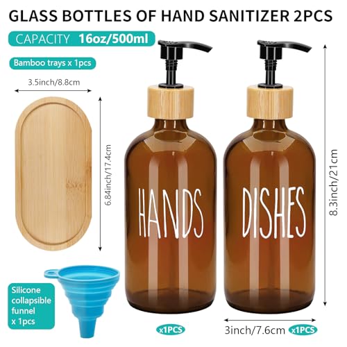 2 Pack 16 Oz Glass Soap Dispenser Set with Tray, Hand Dish Soap Dispenser Set for Bathroom and Kitchen Bottle Dispenser with Dish Soap, Hand Soap, Lotion (Amber（Hands） Amber (Dishes)) - color: Amber（hands） Amber (Dishes)