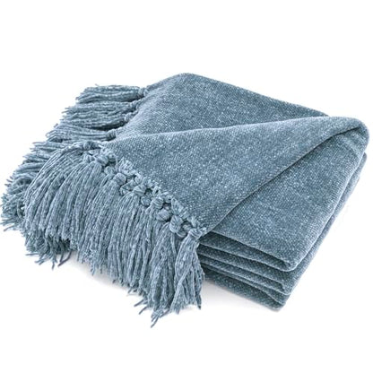 RECYCO Throw Blanket Soft Cozy Chenille Throw Blanket with Fringe Tassel for Couch Sofa Chair Bed Living Room Gift (Dusty Blue, 60'' x 80'') | Super Soft Knit Throw Blanket with Fringe Tassels, Lightweight Knitted Throw, Cozy, Ideal for Sofa Chair Bed Liv