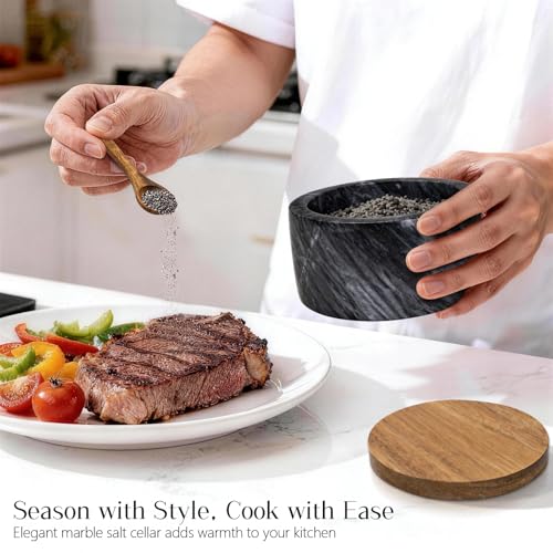 Marble Salt Cellar with Lid & Spoon, Salt Container, Salt Holder | Acacia Wood Lid, Wide Base with Non-Skid Feet, Moisture Proof Spice Cellars Keeps Salt, Pepper & Spices Dry, 6 oz (Grey) - color: Grey