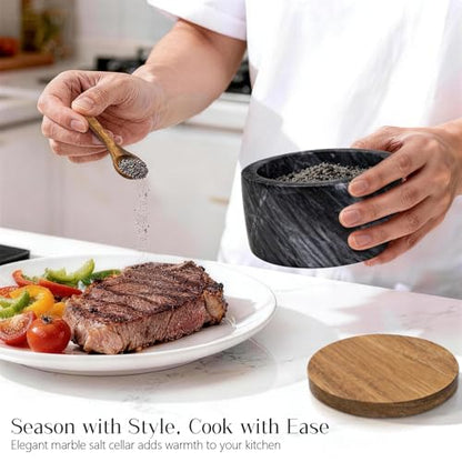Marble Salt Cellar with Lid & Spoon, Salt Container, Salt Holder | Acacia Wood Lid, Wide Base with Non-Skid Feet, Moisture Proof Spice Cellars Keeps Salt, Pepper & Spices Dry, 6 oz (Grey) - color: Grey