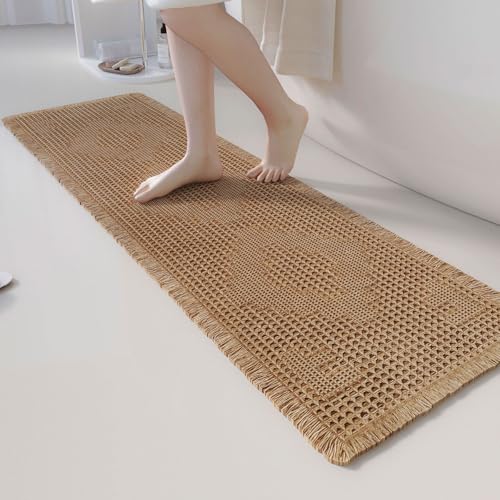 Non Slip Bath Mats for Bathroom Soft Absorbent Boho Bathroom Rugs with Tassels Waffle Bath Mat Machine Washable Brown, 1'6" x 4' - color: Brown, size: 1'6" x 4' (Rectangular)