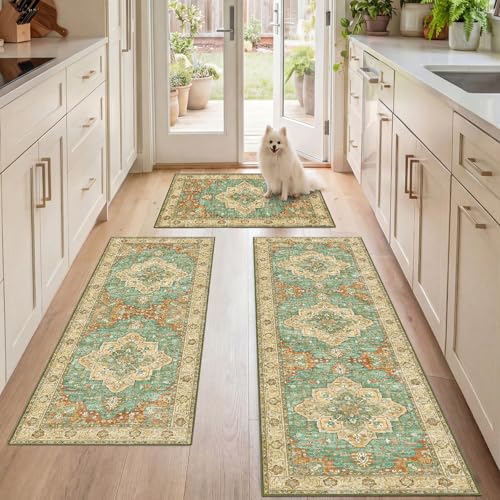 3 Piece Kitchen Rugs Sets with Runner, Washable Non Slip Soft Boho Kitchen Mats, Low Pile Stain Resistant Carpet for Hallway, Laundry Room, Entryway(20"x32"+20"x48"+20"x59", Brick Brown Green) - color: Brick Brown Green
