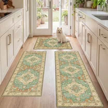 3 Piece Kitchen Rugs Sets with Runner, Washable Non Slip Soft Boho Kitchen Mats, Low Pile Stain Resistant Carpet for Hallway, Laundry Room, Entryway(20"x32"+20"x48"+20"x59", Brick Brown Green) - color: Brick Brown Green
