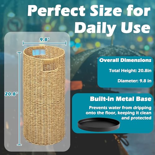 Rattan Umbrella Holder 21" H X 10" D, Handmade Wicker Umbrella Stand Indoor with Dip Tray, Sturdy Umbrella Holders for Entryway, Umbrella Bucket Fits Mudroom,Walking Canes,Home,Office (Oak) - color: Oak