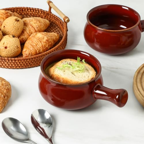 vicrays French Onion Soup Bowls With Handles, 26 Ounce for Soup, Chili, Beef Stew, Chip Resistant, Dishwasher Microwave Safe, Set of 4 (Cherry Red) - color: Cherry Red