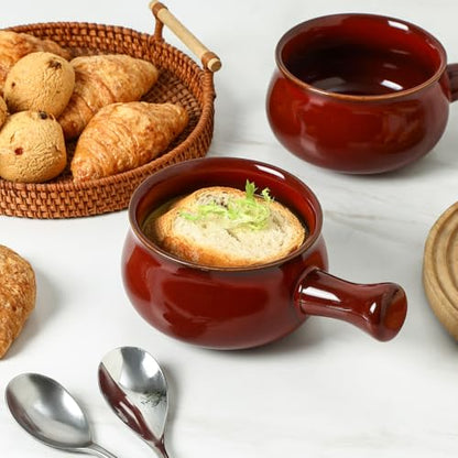 vicrays French Onion Soup Bowls With Handles, 26 Ounce for Soup, Chili, Beef Stew, Chip Resistant, Dishwasher Microwave Safe, Set of 4 (Cherry Red) - color: Cherry Red