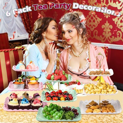 6 Pcs 3 Tier Cupcake Stand Tea Party Trays 3 Tier Serving Tray Plastic Dessert Stand Cake Fruit Candy Display Tower for Wedding Birthday Tea Party (Square,White,Pink,Green) - color: White,pink,green, size: Square