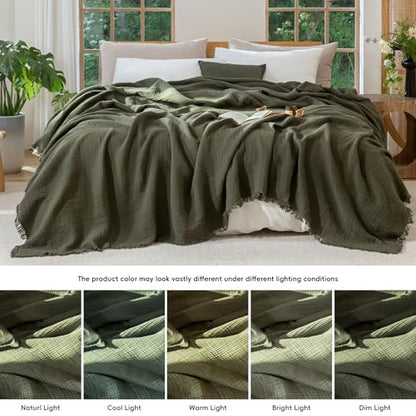 MooMee 100% Cotton Muslin Blanket, Fringed 4-Layer Gauze Bed Couch Throw | Soft Breathable Lightweight Thin Coverlet Summer Blankets for Adults, Bed & Couch All Seasons, Olive Green, 66" x 90" - color: Olive Green, size: Twin XL