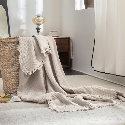 FOSSA Muslin Blanket 4-Layer 100% Cotton Gauze Blanket with Fringe 50"x70" | Super Soft Breathable Lightweight All Season & Decforative Blanket for Bed, Sofa, Office - color: Beige Gray, size: Throw XL (50" × 70")